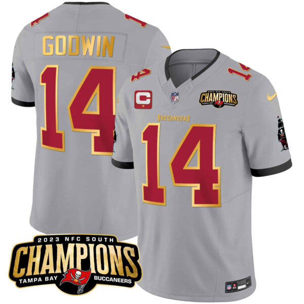 Men’s Buccaneers 2023 NFC South Champions Patch Gold Trim Vapor Jersey – All Stitched – Gray – Chris Godwin
