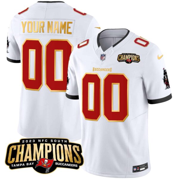 Buccaneers 2023 NFC South Champions Patch Gold Trim Vapor Custom Jersey – All Stitched – Youth – White