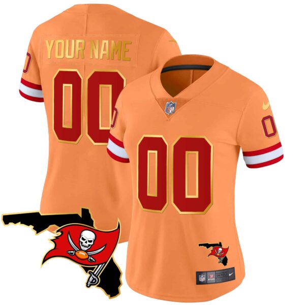 Buccaneers Florida Patch Gold Trim Vapor Custom Jersey – All Stitched – Women – Orange