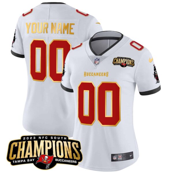 Buccaneers 2023 NFC South Champions Patch Gold Trim Vapor Custom Jersey – All Stitched – Women – White