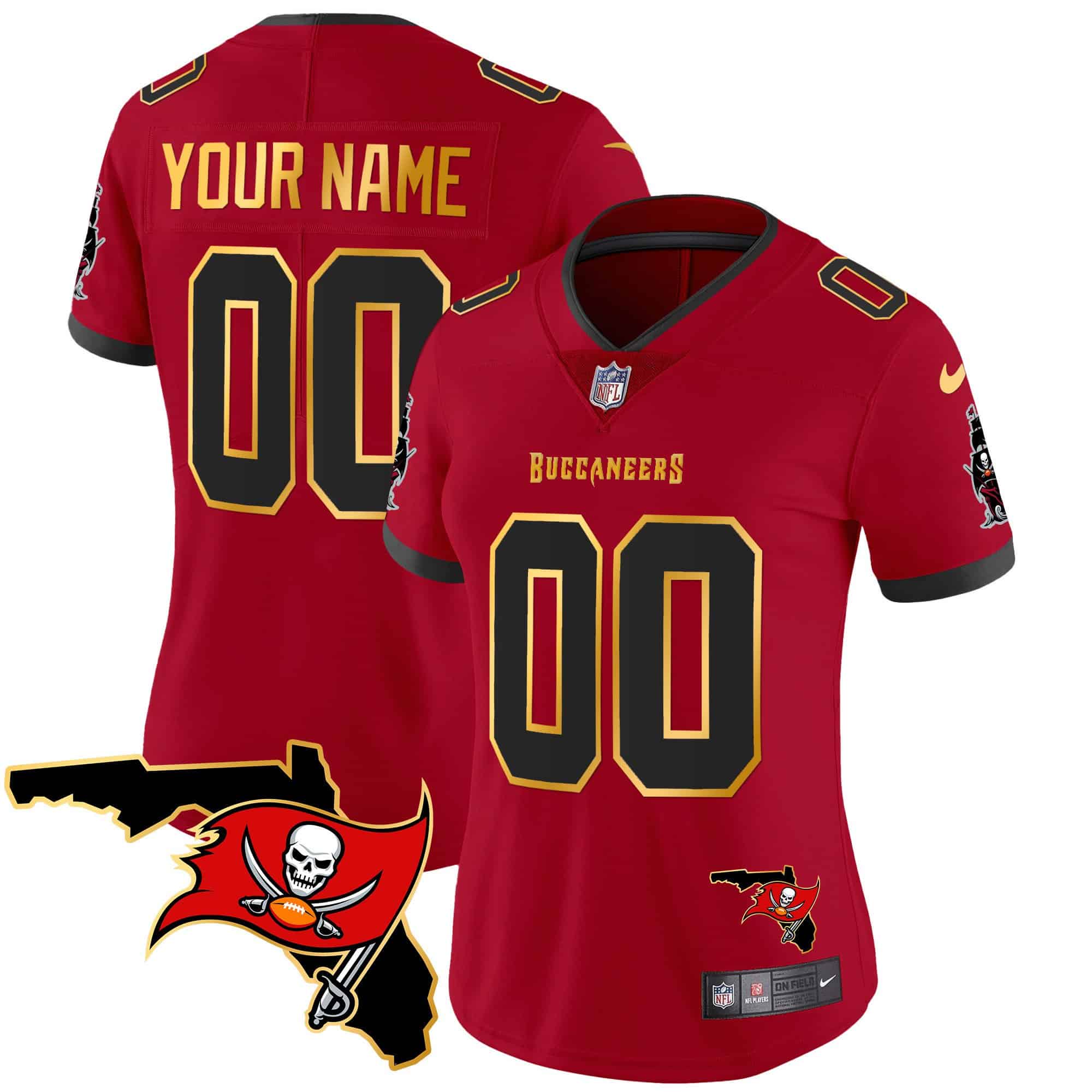 Buccaneers Florida Patch Gold Trim Vapor Custom Jersey – All Stitched – Women – Red