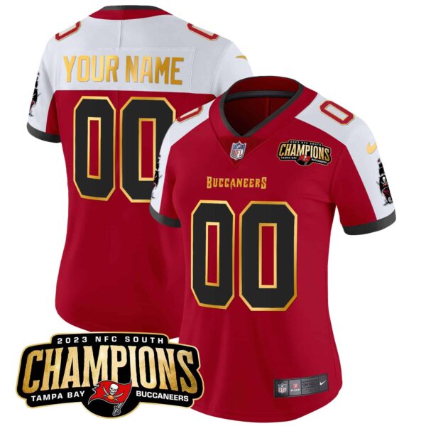 Buccaneers 2023 NFC South Champions Patch Gold Trim Vapor Custom Jersey – All Stitched – Women – Red Alternate