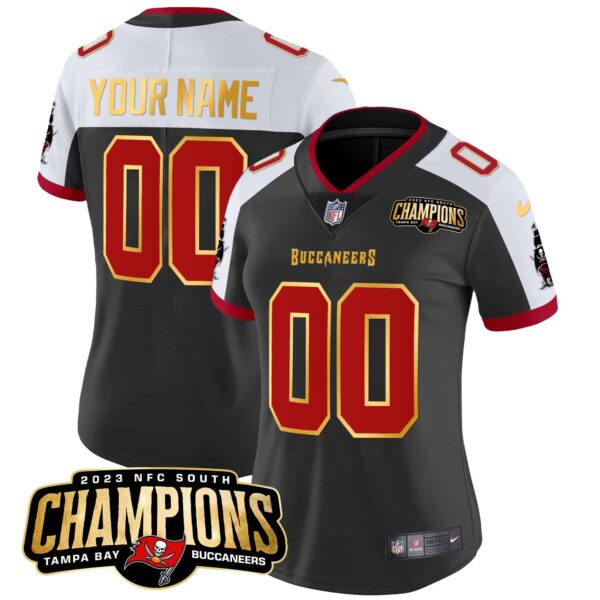 Buccaneers 2023 NFC South Champions Patch Gold Trim Vapor Custom Jersey – All Stitched – Women – Black Alternate