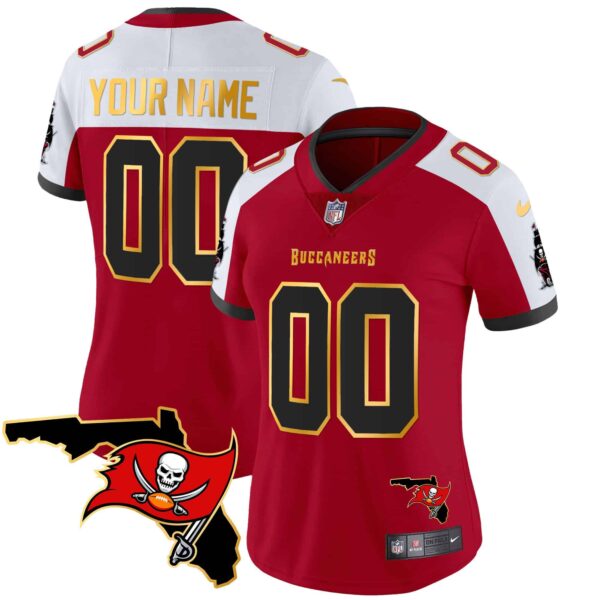 Buccaneers Florida Patch Gold Trim Vapor Custom Jersey – All Stitched – Women – Red Alternate