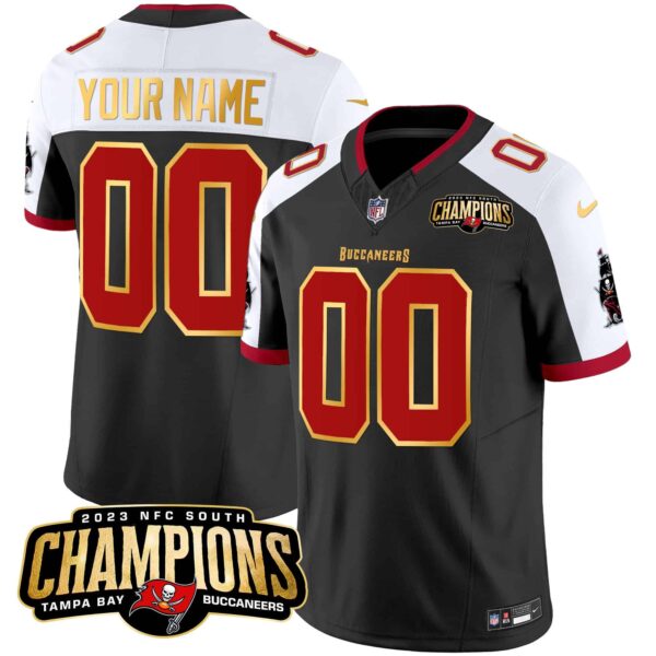 Buccaneers 2023 NFC South Champions Patch Gold Trim Vapor Custom Jersey – All Stitched – Youth – Black Alternate