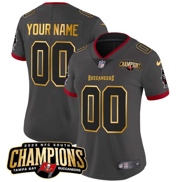 Buccaneers 2023 NFC South Champions Patch Gold Trim Vapor Custom Jersey – All Stitched – Women – Pewter