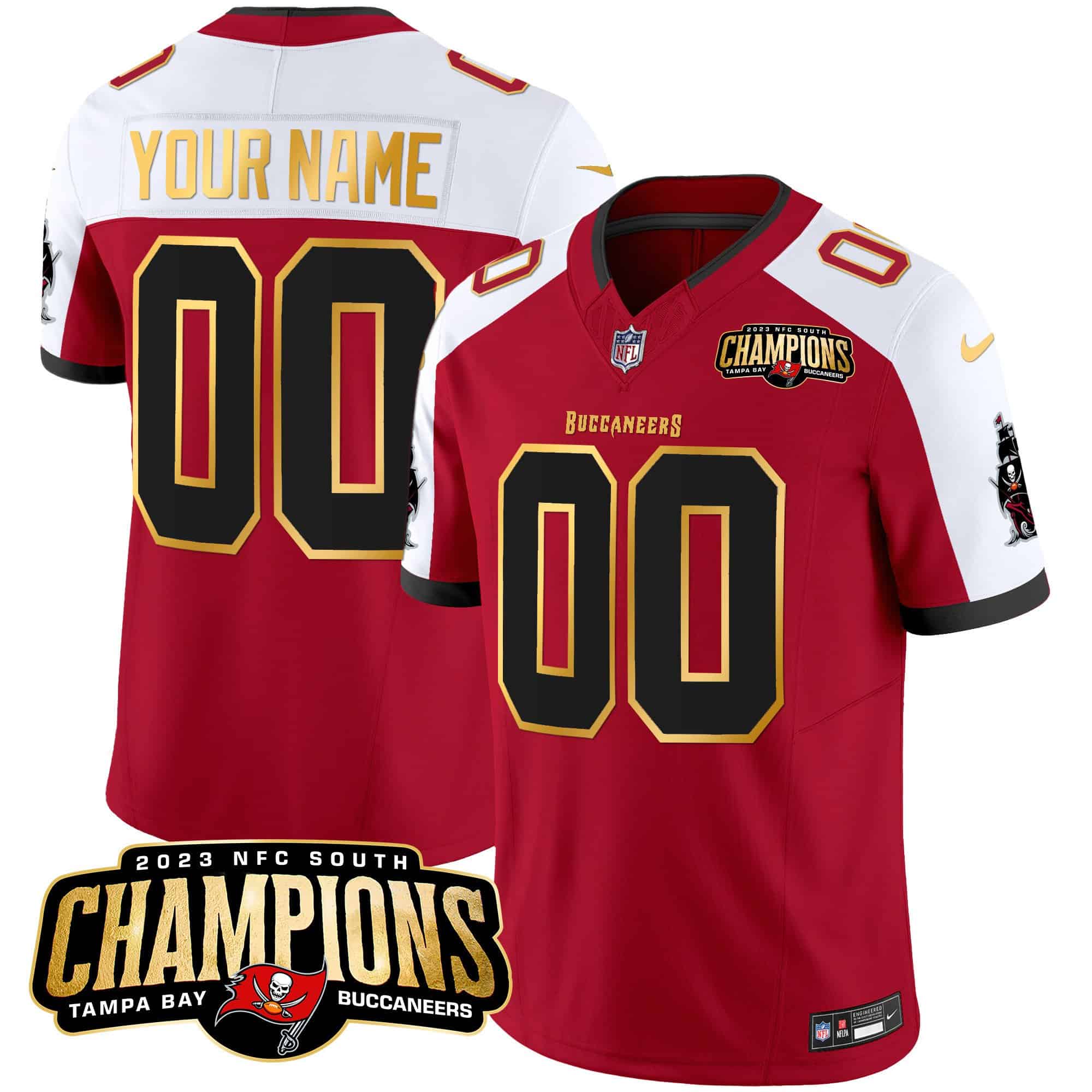 Buccaneers 2023 NFC South Champions Patch Gold Trim Vapor Custom Jersey – All Stitched – Youth – Red Alternate