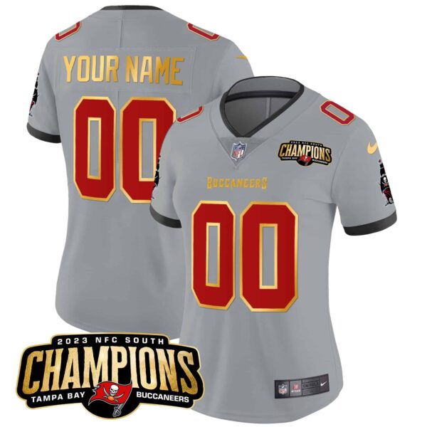 Buccaneers 2023 NFC South Champions Patch Gold Trim Vapor Custom Jersey – All Stitched – Women – Gray