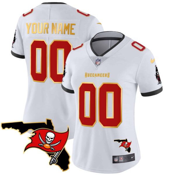 Buccaneers Florida Patch Gold Trim Vapor Custom Jersey – All Stitched – Women – White