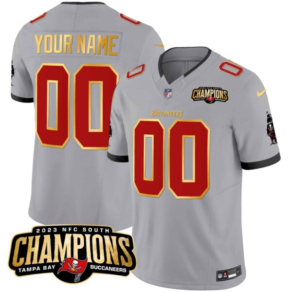 Buccaneers 2023 NFC South Champions Patch Gold Trim Vapor Custom Jersey – All Stitched – Men – Gray