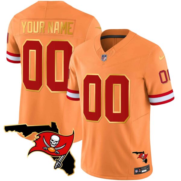 Buccaneers Florida Patch Gold Trim Vapor Custom Jersey – All Stitched – Men – Orange
