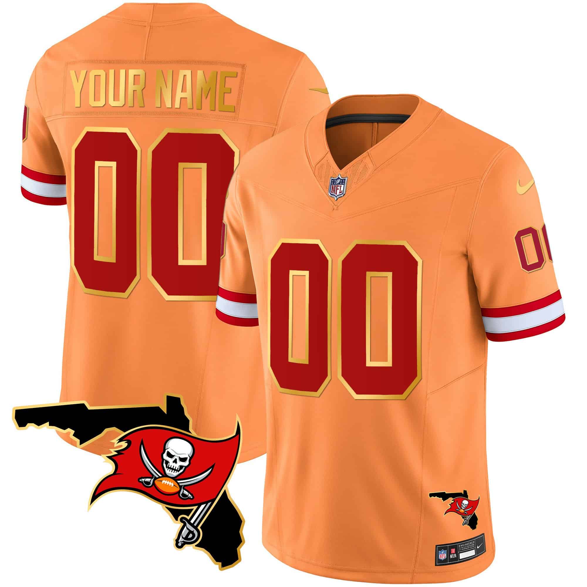 Buccaneers Florida Patch Gold Trim Vapor Custom Jersey – All Stitched – Men – Orange