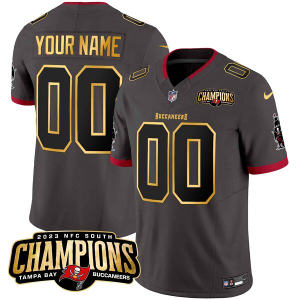 Buccaneers 2023 NFC South Champions Patch Gold Trim Vapor Custom Jersey – All Stitched – Men – Pewter