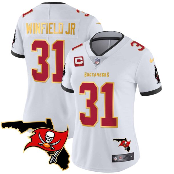 Women’s Buccaneers Florida Patch Gold Trim Vapor Jersey – All Stitched – White – Antoine Winfield Jr