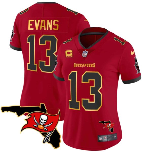 Women’s Buccaneers Florida Patch Gold Trim Vapor Jersey – All Stitched – Red – Mike Evans