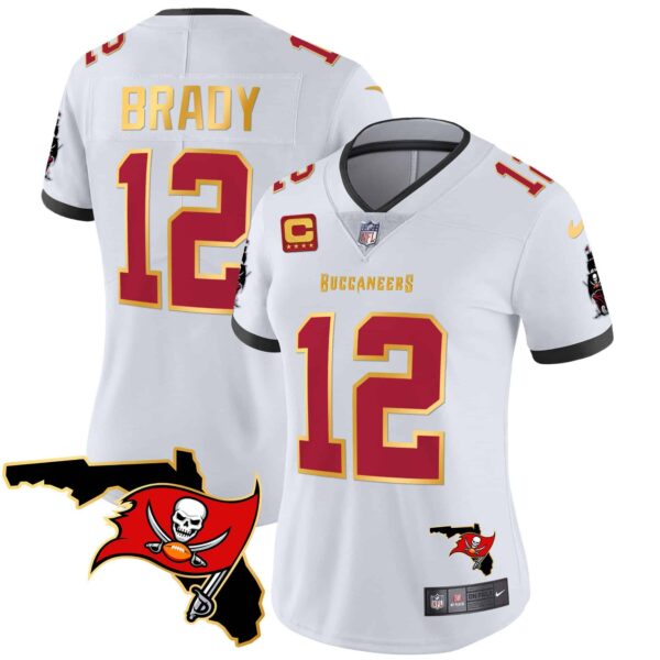 Women’s Buccaneers Florida Patch Gold Trim Vapor Jersey – All Stitched – White – Tom Brady