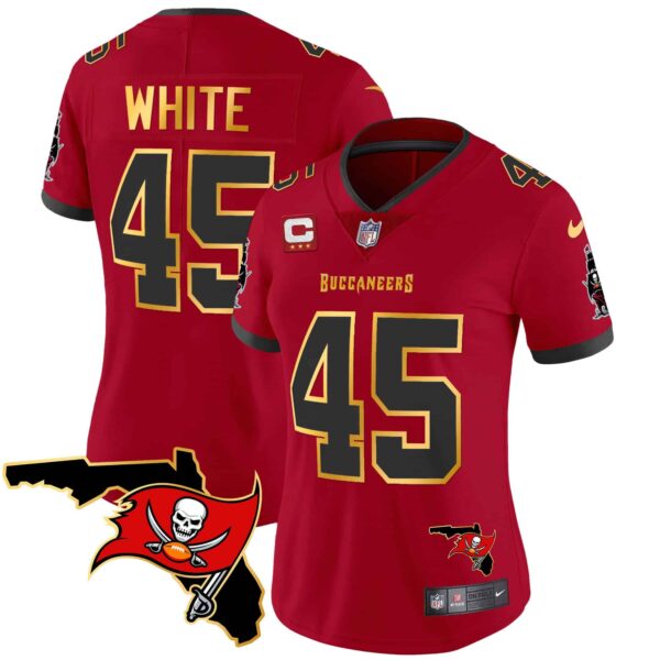 Women’s Buccaneers Florida Patch Gold Trim Vapor Jersey – All Stitched – Red – Devin White