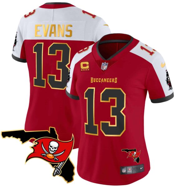Women’s Buccaneers Florida Patch Gold Trim Vapor Jersey – All Stitched – Red Alternate – Mike Evans