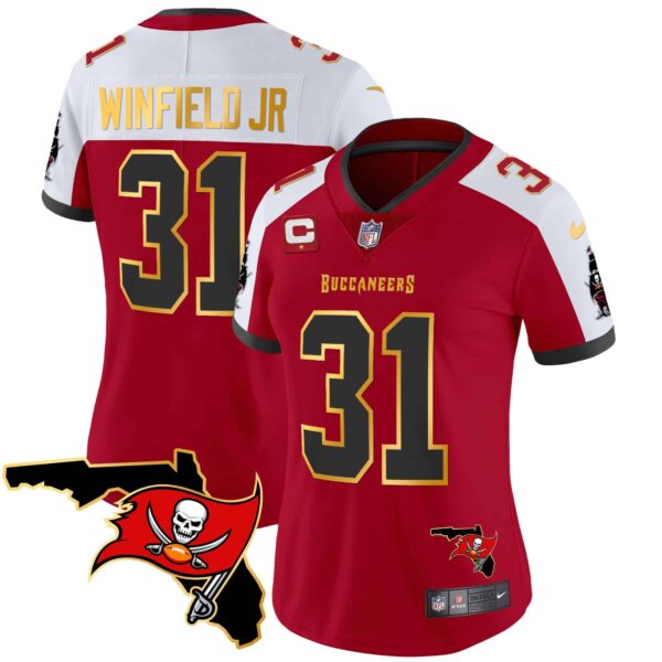 Women’s Buccaneers Florida Patch Gold Trim Vapor Jersey – All Stitched – Red Alternate – Antoine Winfield Jr