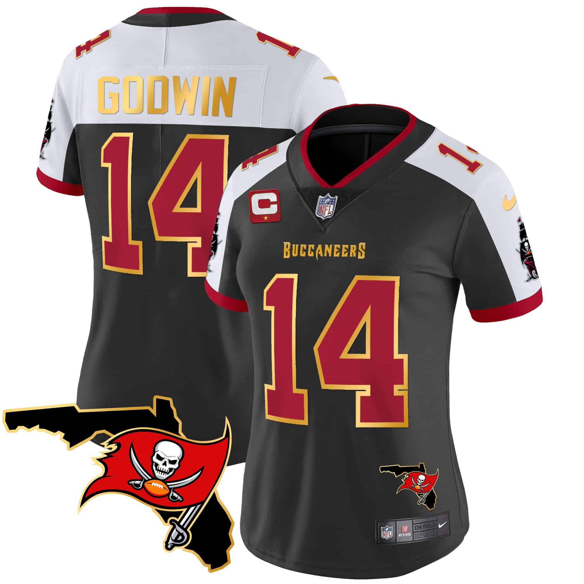 Women’s Buccaneers Florida Patch Gold Trim Vapor Jersey – All Stitched – Black Alternate – Chris Godwin