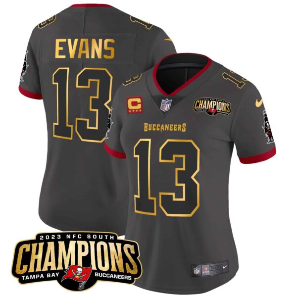 Women’s Buccaneers 2023 NFC South Champions Patch Gold Trim Vapor Jersey – All Stitched – Pewter – Mike Evans