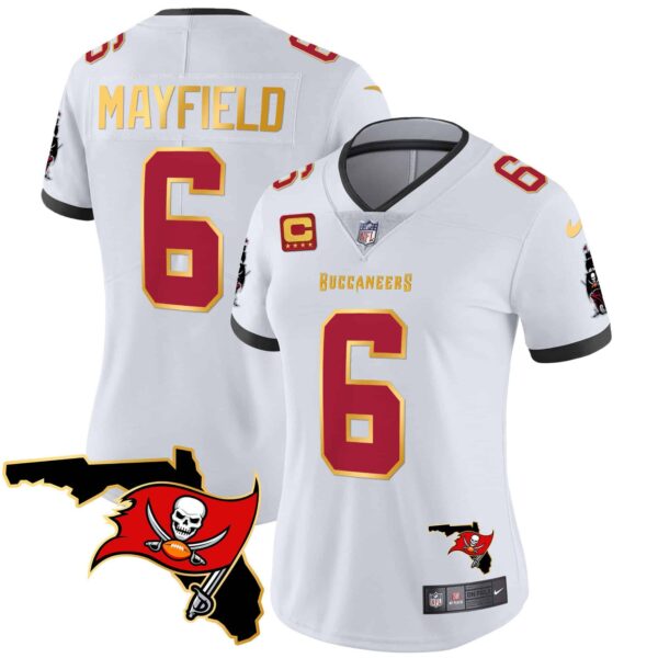 Women’s Buccaneers Florida Patch Gold Trim Vapor Jersey – All Stitched – White – Baker Mayfield