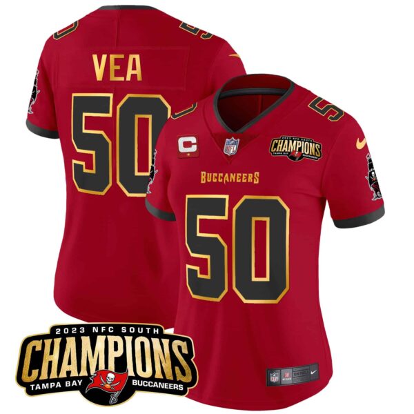 Women’s Buccaneers 2023 NFC South Champions Patch Gold Trim Vapor Jersey – All Stitched – Red – Vita Vea
