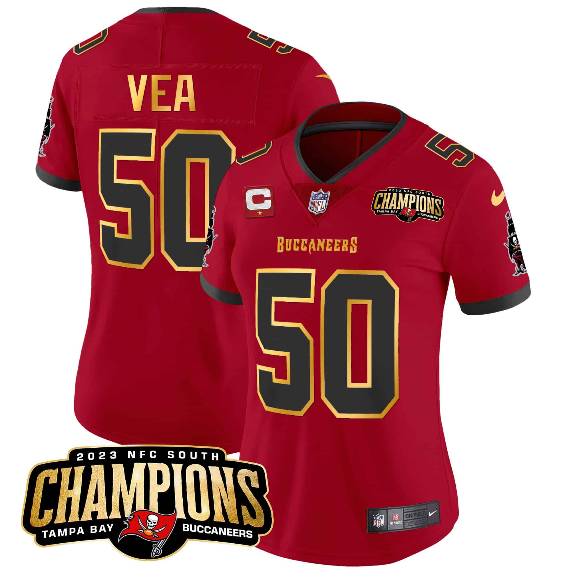 Women’s Buccaneers 2023 NFC South Champions Patch Gold Trim Vapor Jersey – All Stitched – Red – Vita Vea