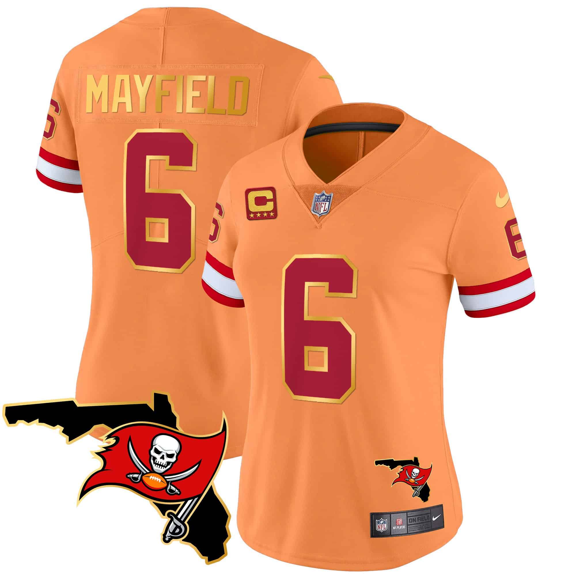 Women’s Buccaneers Florida Patch Gold Trim Vapor Jersey – All Stitched – Orange – Baker Mayfield