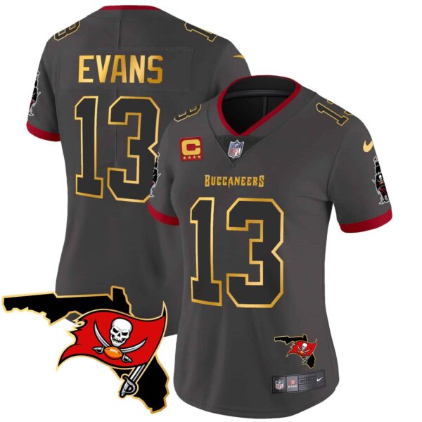 Women’s Buccaneers Florida Patch Gold Trim Vapor Jersey – All Stitched – Pewter – Mike Evans