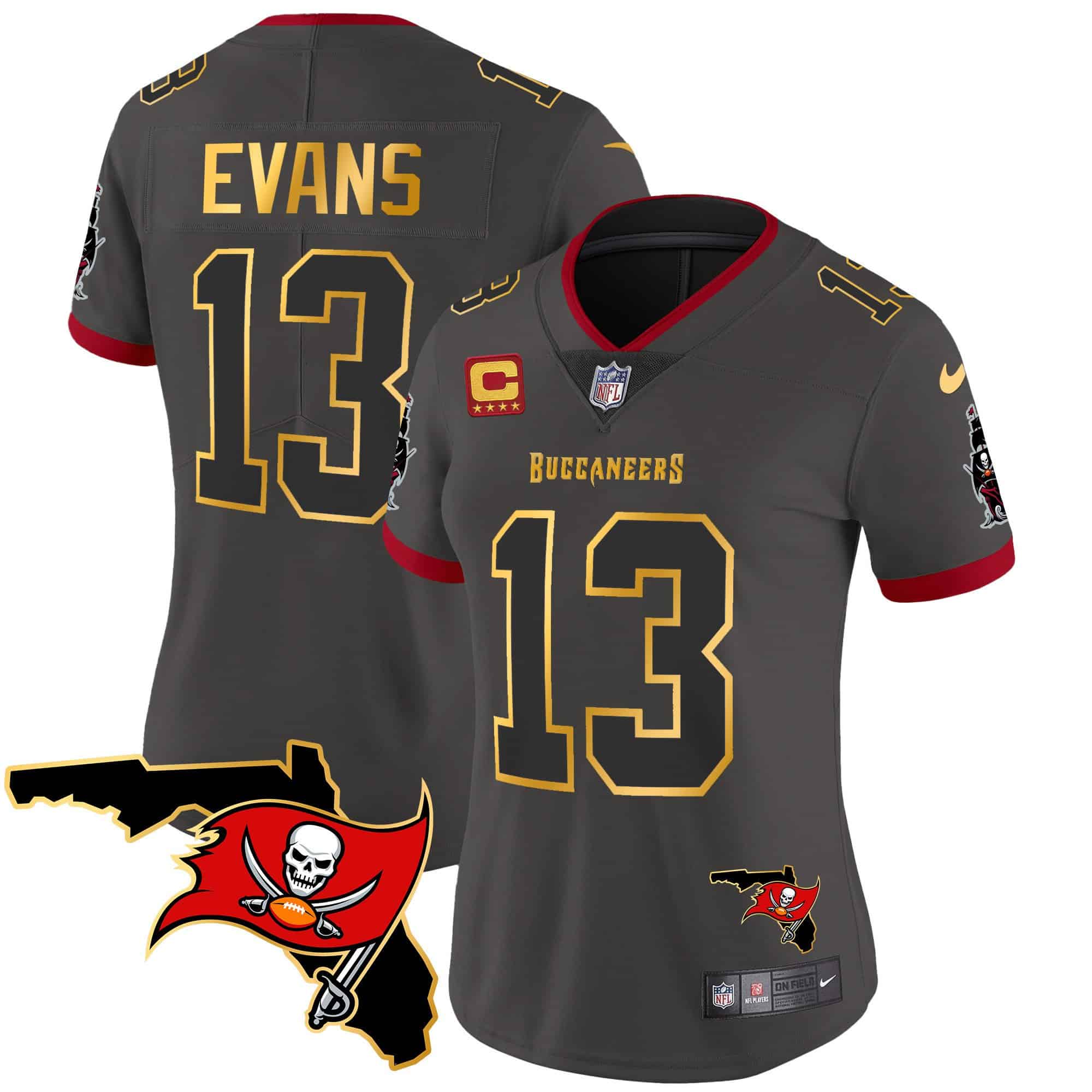 Women’s Buccaneers Florida Patch Gold Trim Vapor Jersey – All Stitched – Pewter – Mike Evans