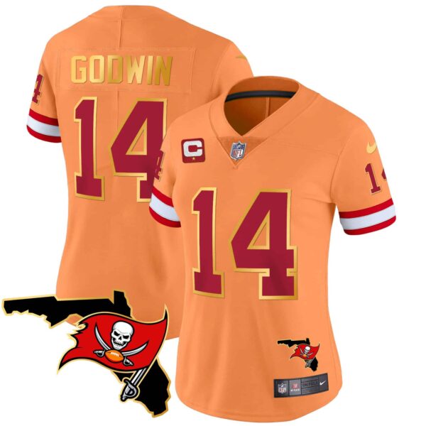 Women’s Buccaneers Florida Patch Gold Trim Vapor Jersey – All Stitched – Orange – Chris Godwin