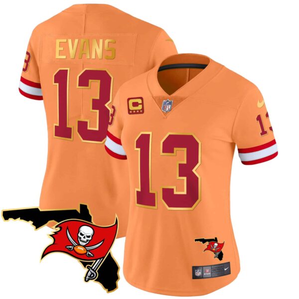Women’s Buccaneers Florida Patch Gold Trim Vapor Jersey – All Stitched – Orange – Mike Evans