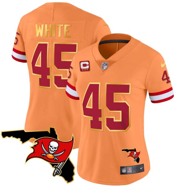Women’s Buccaneers Florida Patch Gold Trim Vapor Jersey – All Stitched – Orange – Devin White