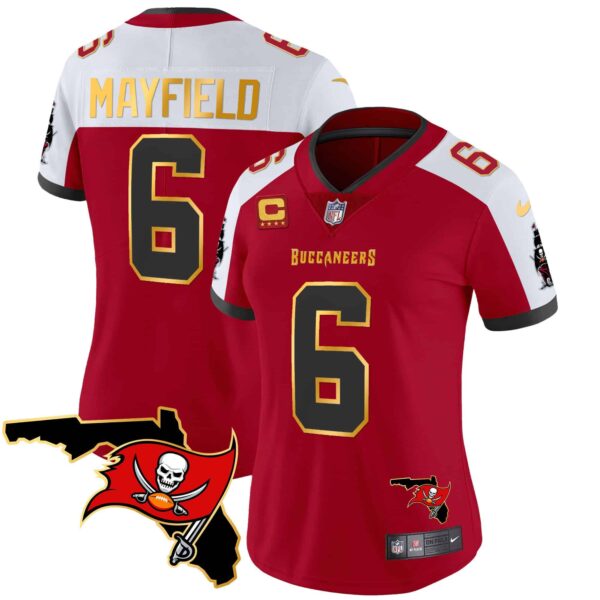 Women’s Buccaneers Florida Patch Gold Trim Vapor Jersey – All Stitched – Red Alternate – Baker Mayfield