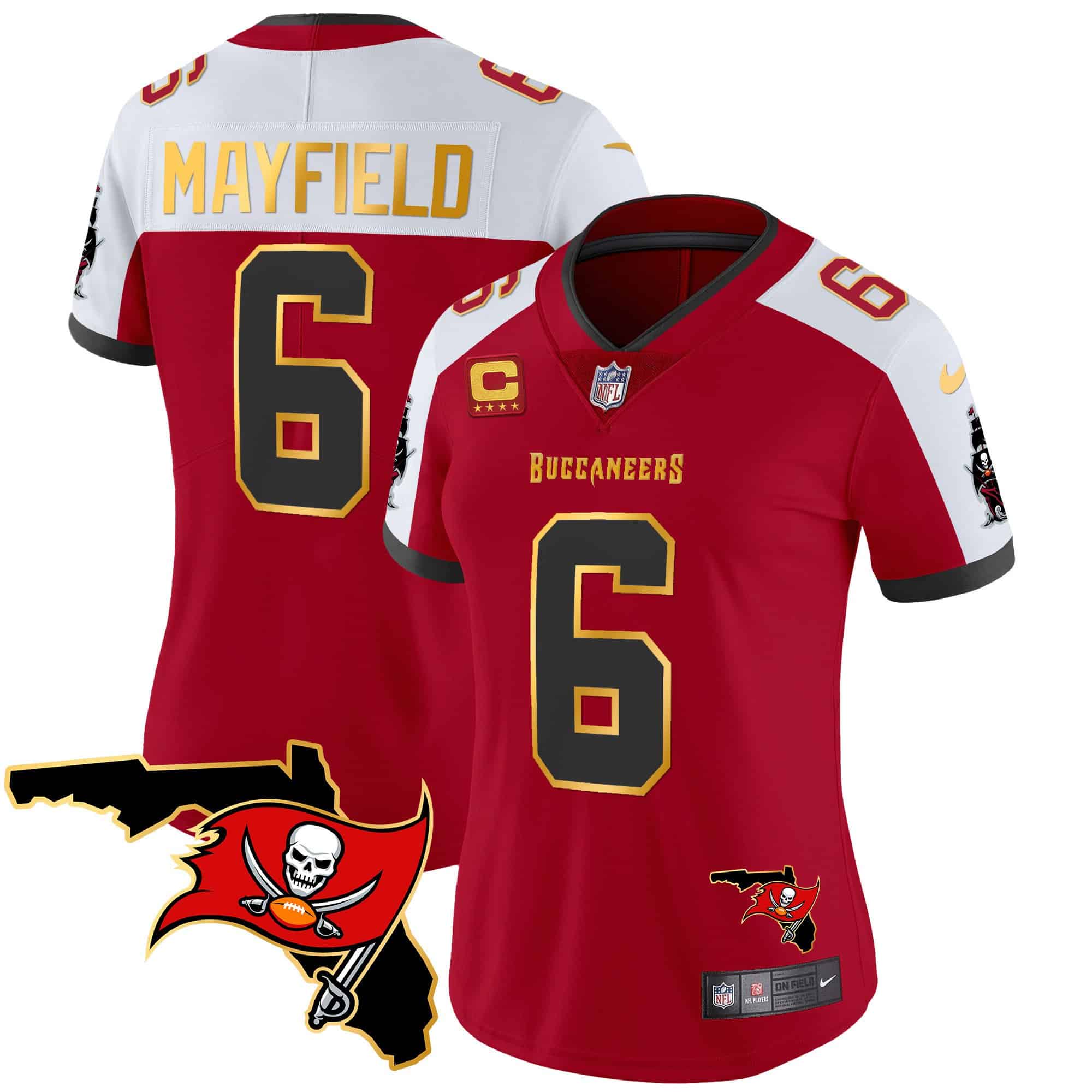 Women’s Buccaneers Florida Patch Gold Trim Vapor Jersey – All Stitched – Red Alternate – Baker Mayfield