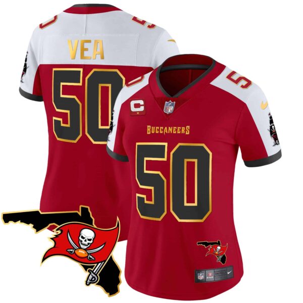 Women’s Buccaneers Florida Patch Gold Trim Vapor Jersey – All Stitched – Red Alternate – Vita Vea