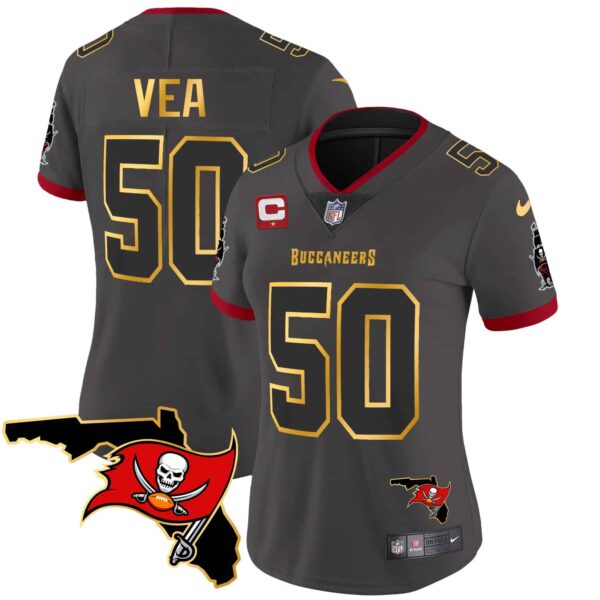 Women’s Buccaneers Florida Patch Gold Trim Vapor Jersey – All Stitched – Pewter – Vita Vea