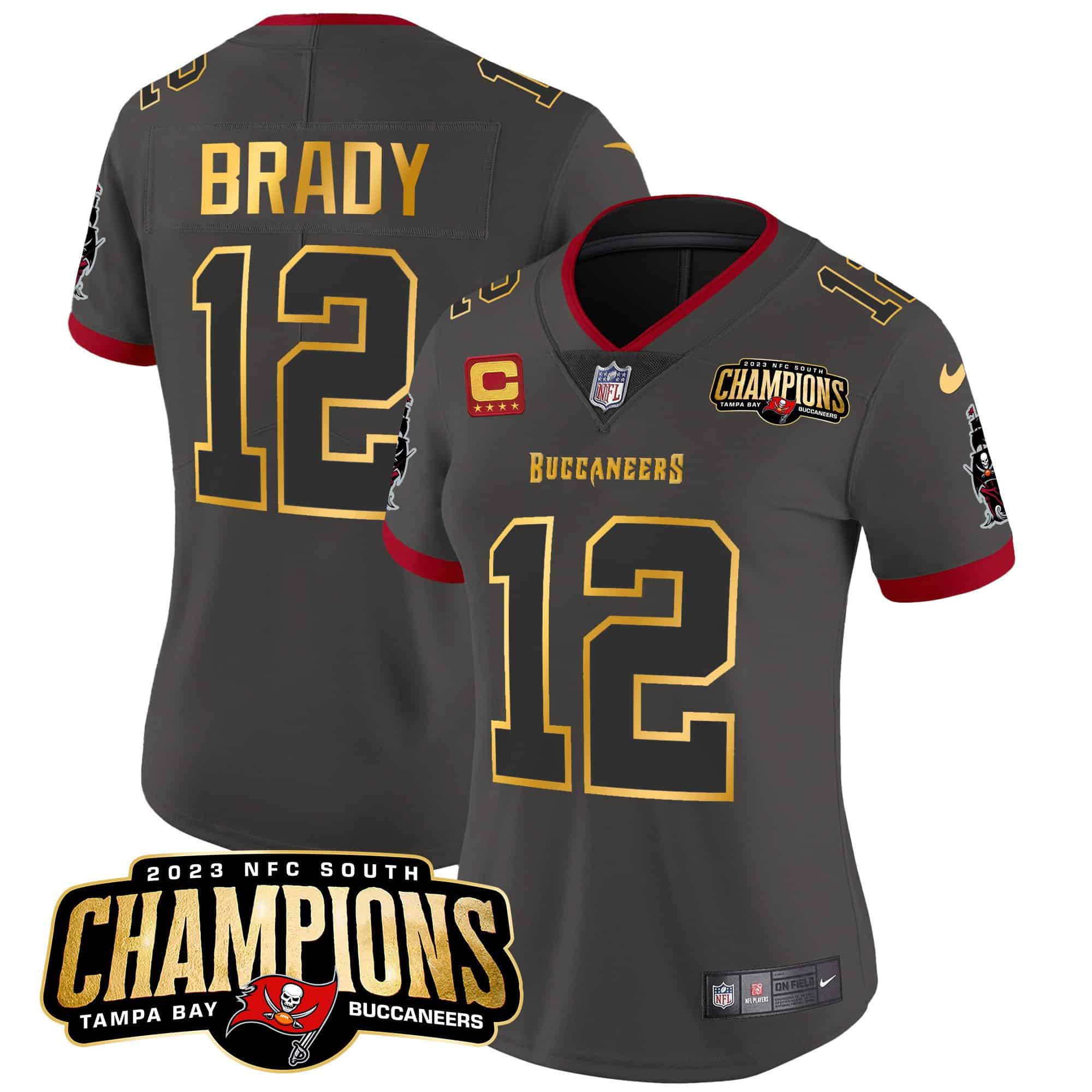 Women’s Buccaneers 2023 NFC South Champions Patch Gold Trim Vapor Jersey – All Stitched – Pewter – Tom Brady