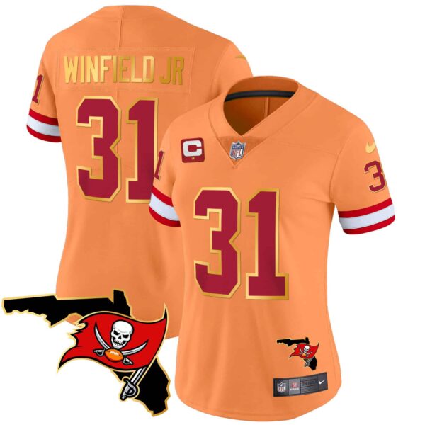 Women’s Buccaneers Florida Patch Gold Trim Vapor Jersey – All Stitched – Orange – Antoine Winfield Jr