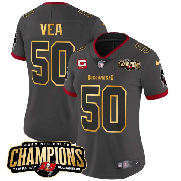 Women’s Buccaneers 2023 NFC South Champions Patch Gold Trim Vapor Jersey – All Stitched – Pewter – Vita Vea