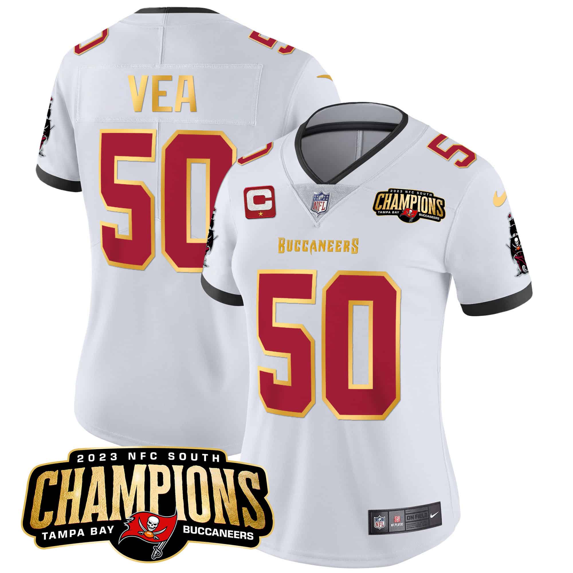 Women’s Buccaneers 2023 NFC South Champions Patch Gold Trim Vapor Jersey – All Stitched – White – Vita Vea