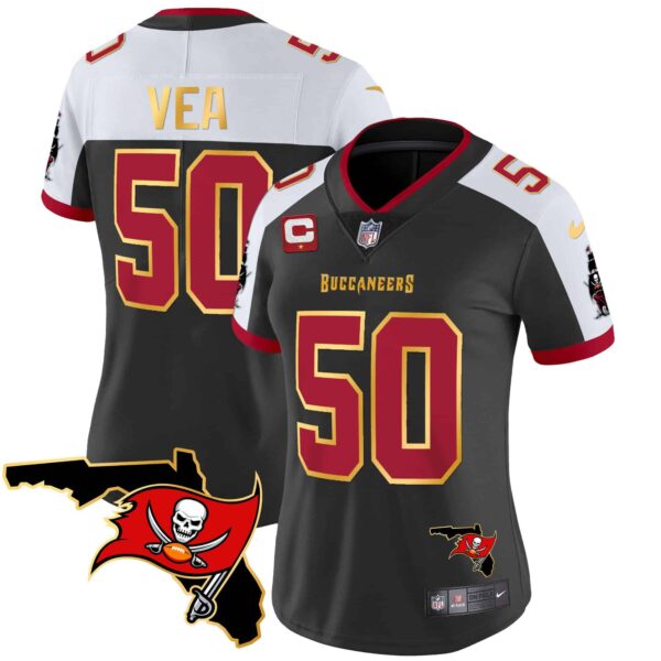 Women’s Buccaneers Florida Patch Gold Trim Vapor Jersey – All Stitched – Black Alternate – Vita Vea