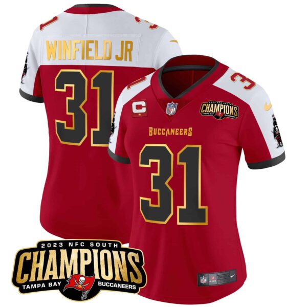Women’s Buccaneers 2023 NFC South Champions Patch Gold Trim Vapor Jersey – All Stitched – Red Alternate – Antoine Winfield Jr