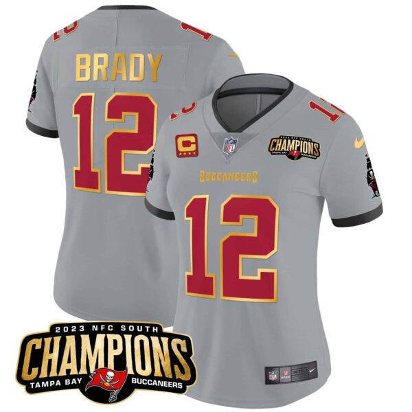 Women’s Buccaneers 2023 NFC South Champions Patch Gold Trim Vapor Jersey – All Stitched – Gray – Tom Brady