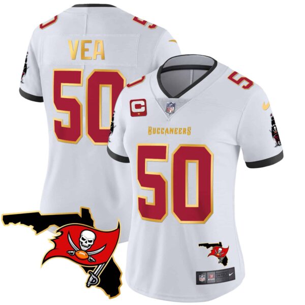 Women’s Buccaneers Florida Patch Gold Trim Vapor Jersey – All Stitched – White – Vita Vea