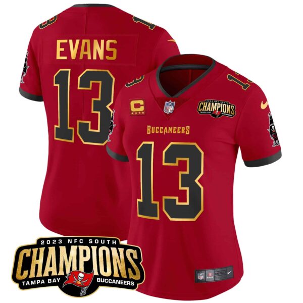 Women’s Buccaneers 2023 NFC South Champions Patch Gold Trim Vapor Jersey – All Stitched – Red – Mike Evans