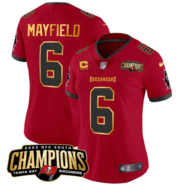 Women’s Buccaneers 2023 NFC South Champions Patch Gold Trim Vapor Jersey – All Stitched – Red – Baker Mayfield