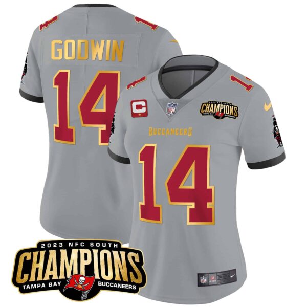 Women’s Buccaneers 2023 NFC South Champions Patch Gold Trim Vapor Jersey – All Stitched – Gray – Chris Godwin