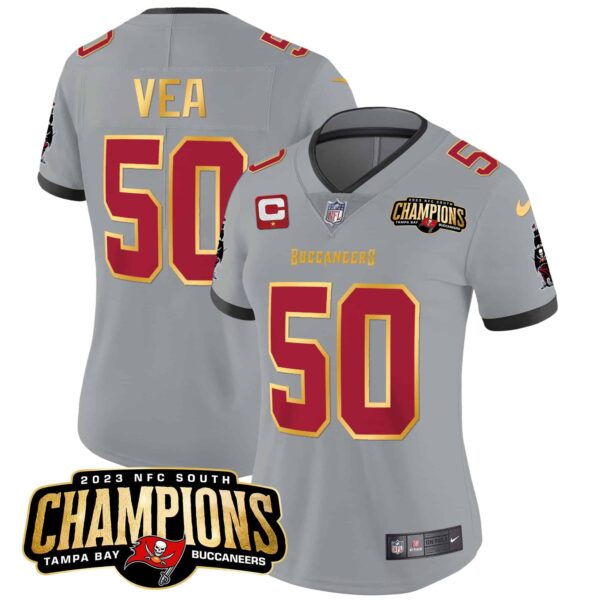 Women’s Buccaneers 2023 NFC South Champions Patch Gold Trim Vapor Jersey – All Stitched – Gray – Vita Vea